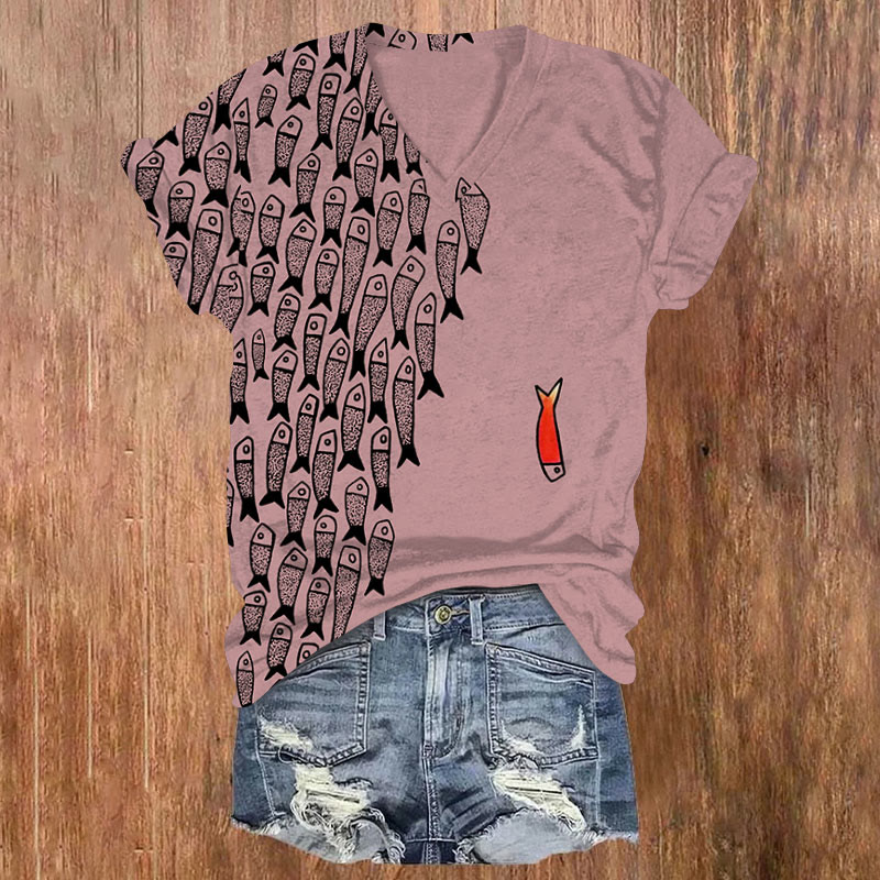 Cute Simple Lines Abstract Geometric Fish Art Print V-neck T-shirt