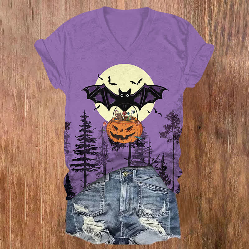  Halloween Bat Holding A Pumpkin Basket In Forest Print V-neck T-shirt - Purple - US32-34(5XL) - image 4