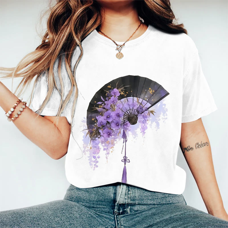 100% Cotton Women's Japanese Style Floral Fan Art Print Casual T-shirt - White - 2XL - image 4