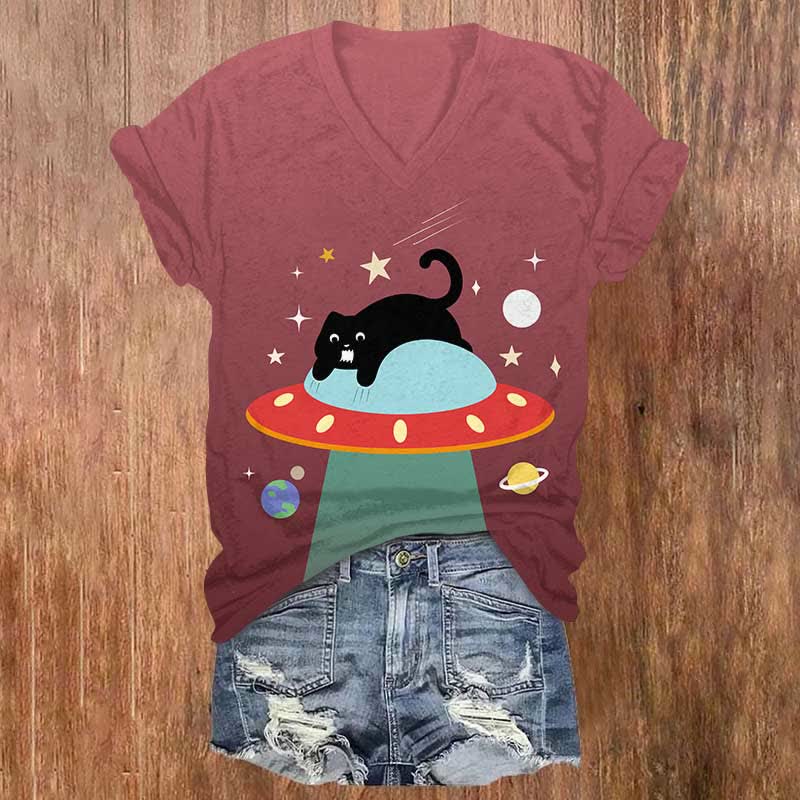 Funny Black Cat Sleeping On UFO Print V-neck T-shirt - Red - US32-34(5XL) - image 4