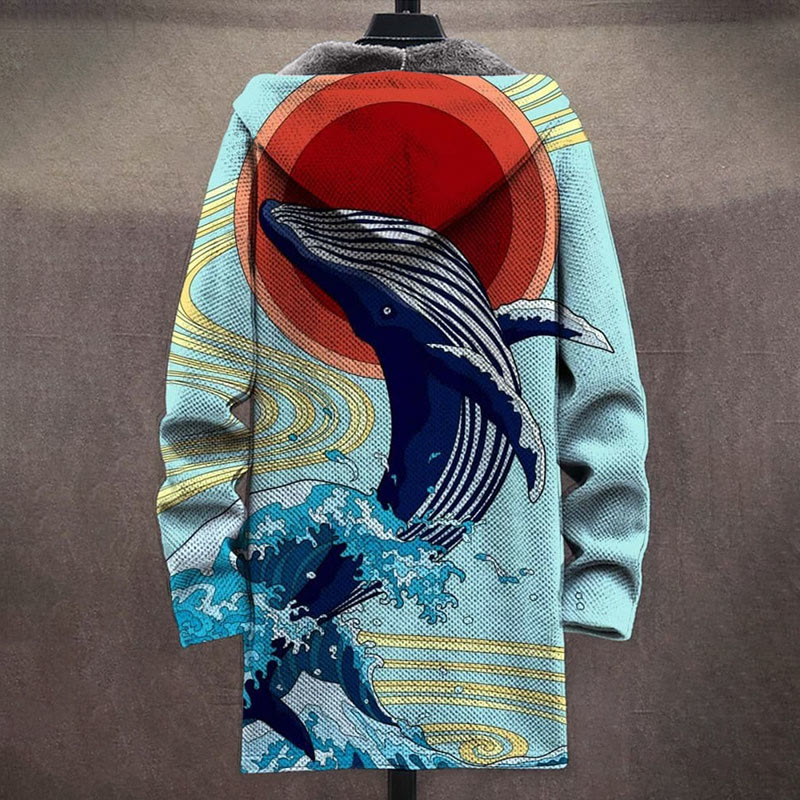 Retro Japanese Asahi Wave Whale Print Unisex Plush Thick Long-sleeved Fleece Jacket - image 2