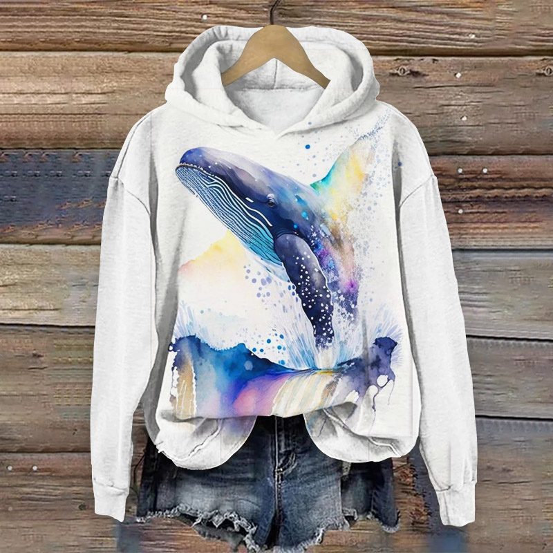Creative Waves And Sharks Print Long Sleeve Hoodie - White - 8XL - image 1