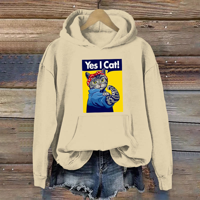100% Cotton Funny Yes I Cat Print Women's Hoodie - Khaki - 2XL - image 6