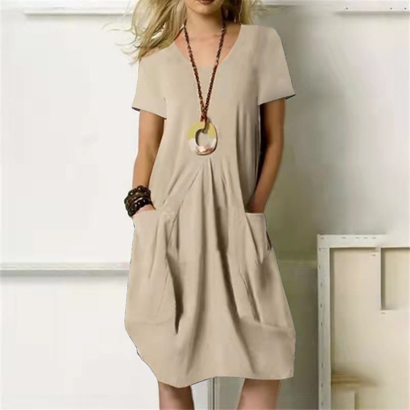 Beach Solid Crew Neck With Large Pockets Dress - Khaki - 5XL - image 4