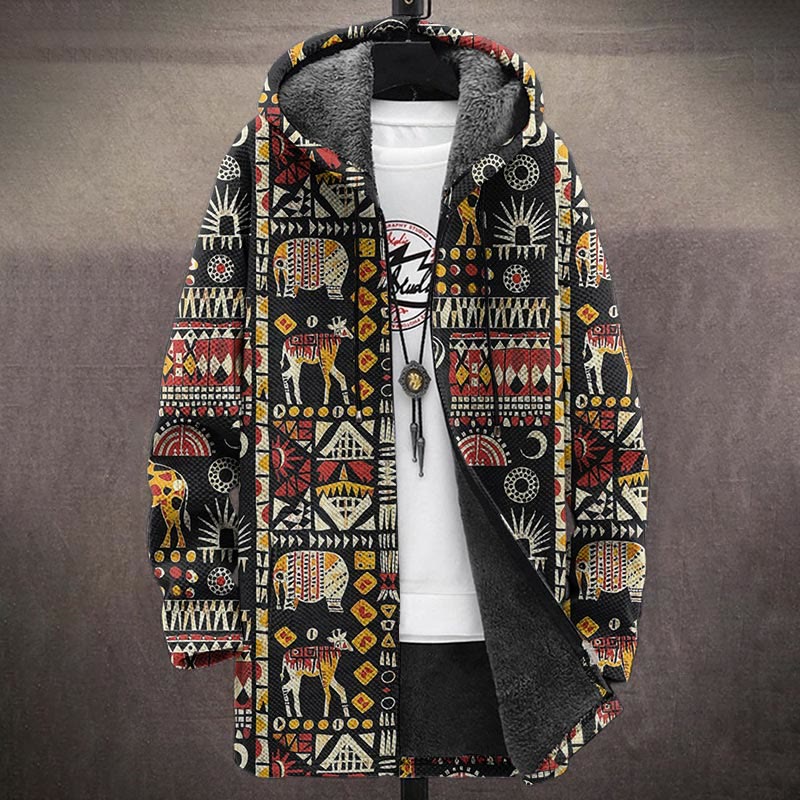 Vintage Geometic Animals Pattern Print Unisex Plush Thick Long-sleeved Fleece Jacket Coat - image 2