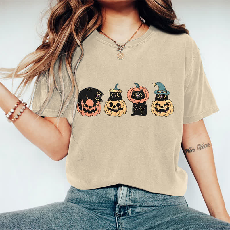 100% Cotton Halloween Funny Black Kitten & Pumpkin Art Print T-shirt - Apricot - 2XL - image 2