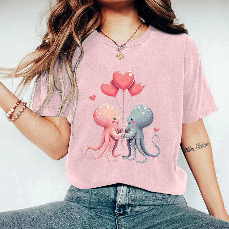 100% Cotton Valentine's Day Octopus Heart T-shirt - Pink - 2XL - image 7