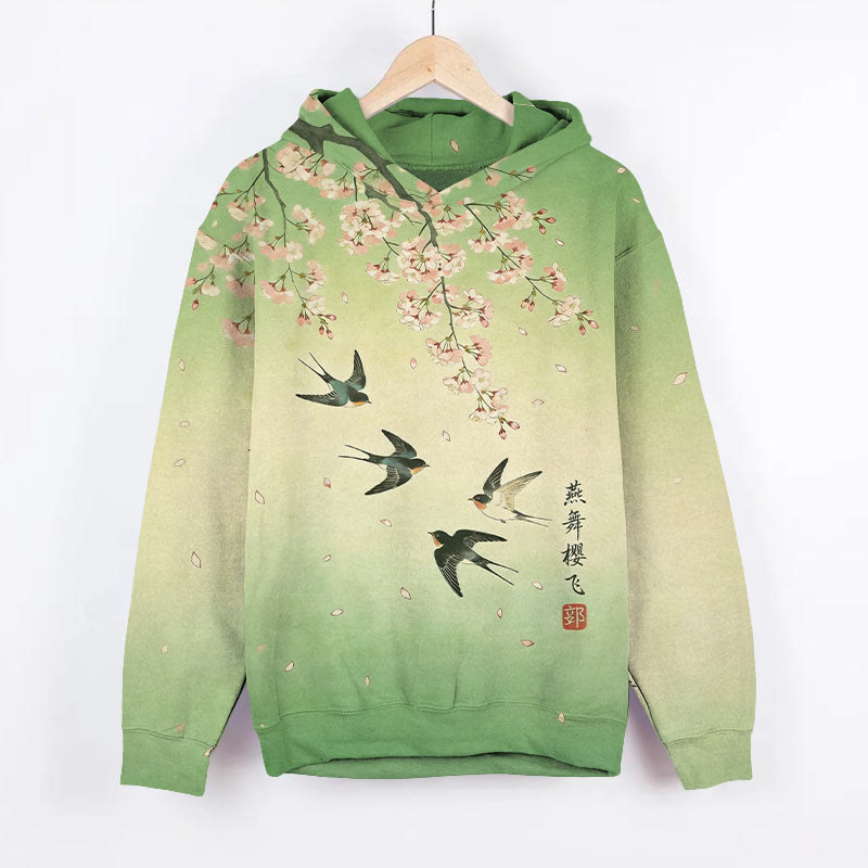 Vintage Sakura Blossom & Swallow Art Print Long Sleeve Hoodie - Green - US44-46(8XL) - image 3