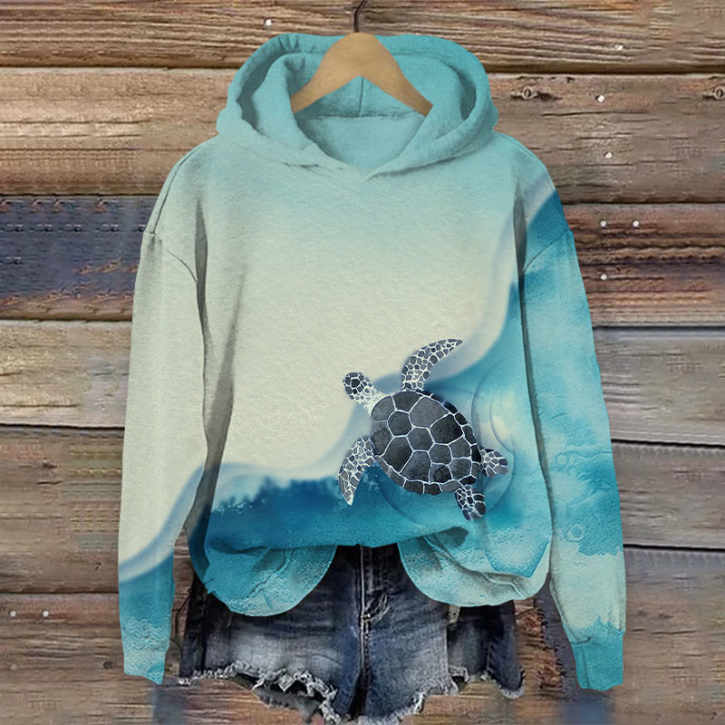Ocean Turtle Print Long Sleeve Hoodie - Blue - US44-46(8XL) - image 2