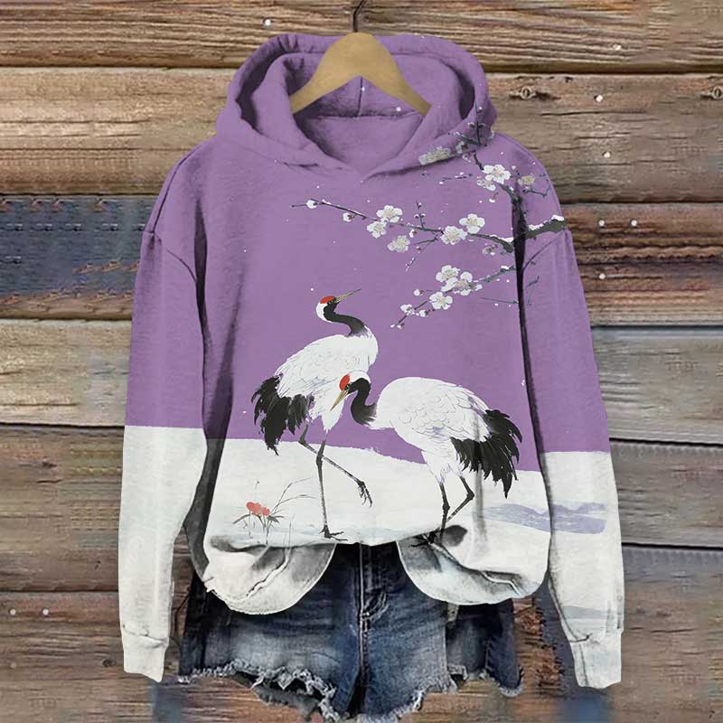 Japanese Winter Crane Under Plum Blossom Tree Print Long Sleeve Hoodie - Purple - US44-46(8XL) - image 3
