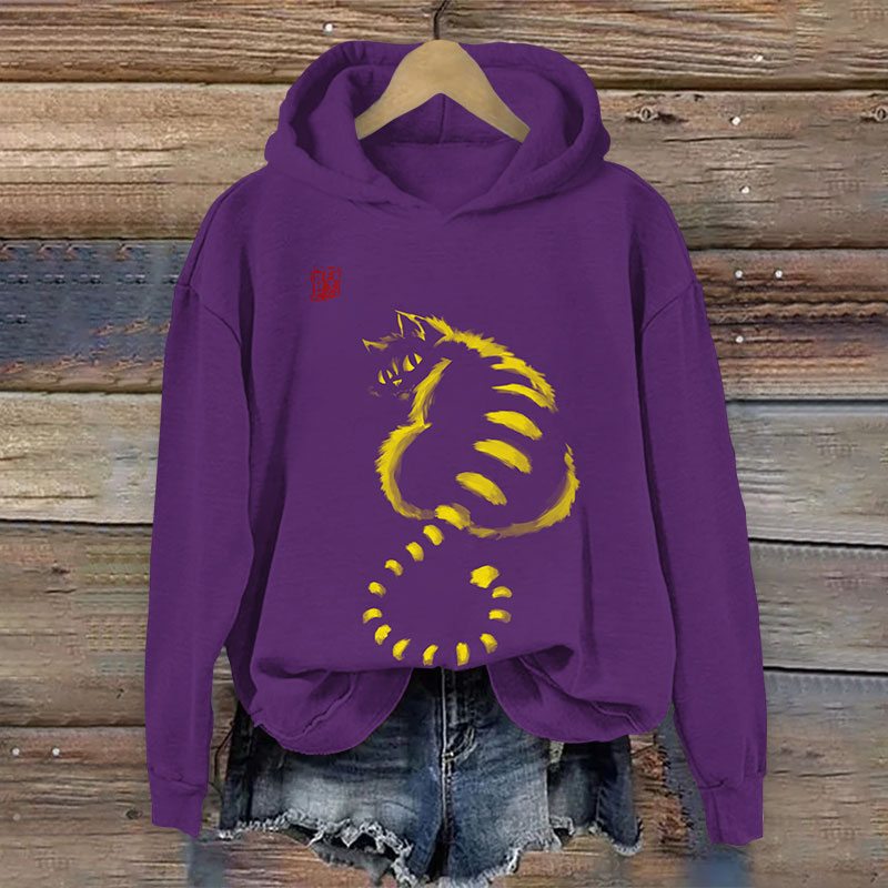 Japanese Abstract Cat Looking Back Print Long Sleeve Hoodie - Purple - US44-46(8XL) - image 4