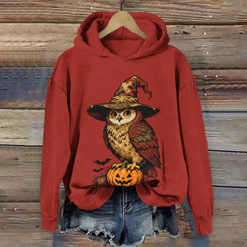Halloween Wizard Owl Standing On A Pumpkin Print Long Sleeve Hoodie - Red - US44-46(8XL) - image 4