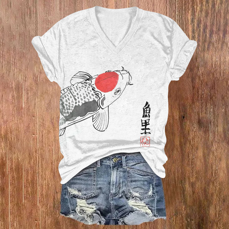 Creative Ink  Watercolor Koi Fish Print Short Sleeved V-neck T-shirt - White - US32-34(5XL) - image 1