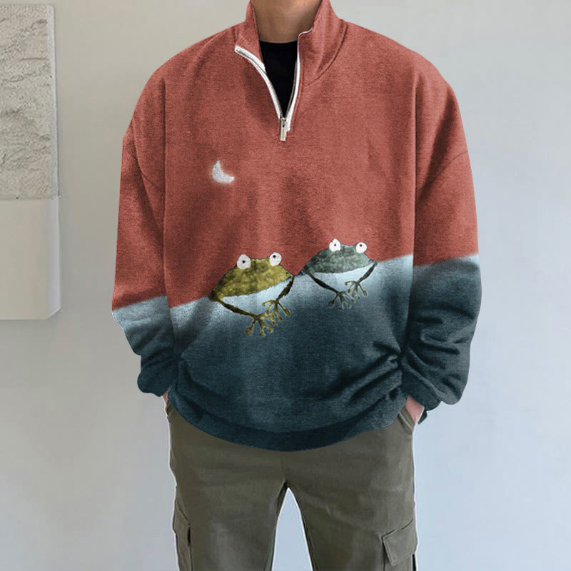 Simple Frog Color Block Print Long Sleeve Zipper Sweatshirt - Orange - 5XL - image 4