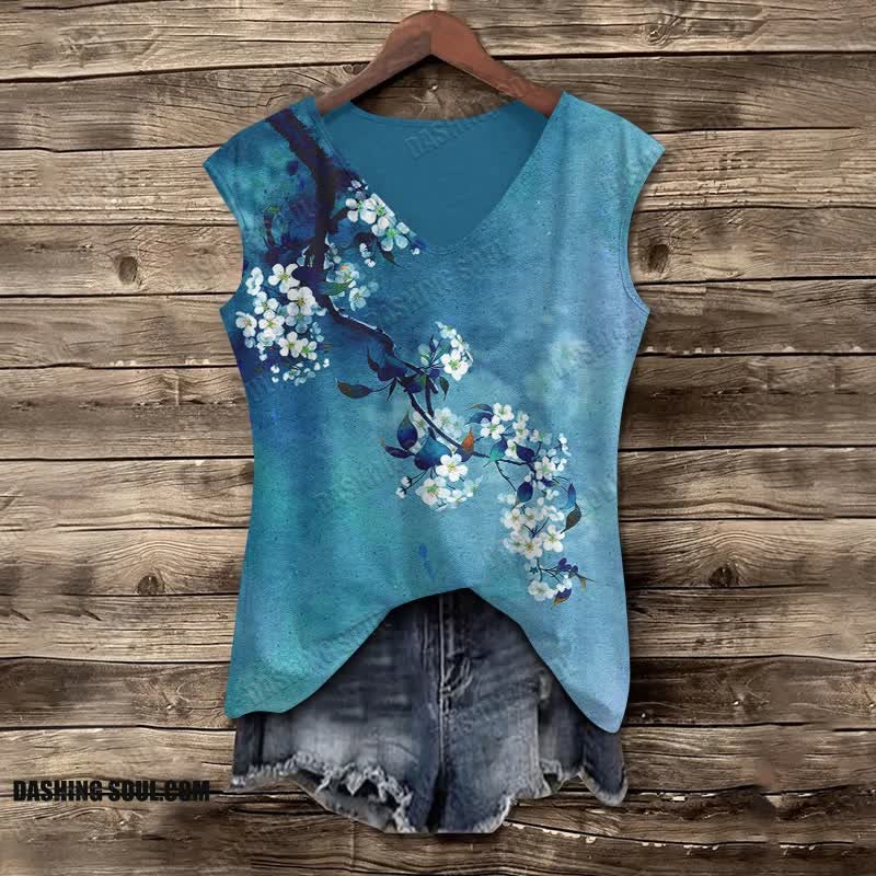 Japanese Antique Pear Blossom Ink Painting V Neck Casual Tank Top