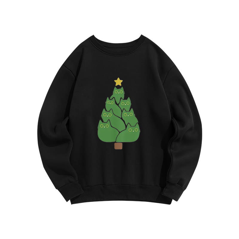 Creative Cat Christmas Tree Print Crew Neck Sweatshirt - Black - US16-18(2XL) - image 3