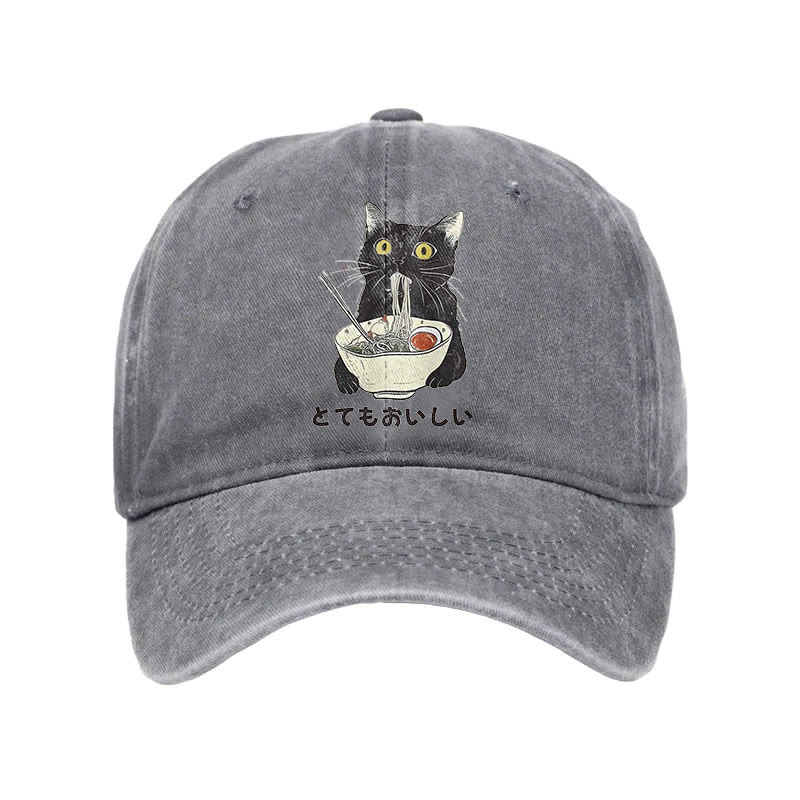 Unisex 100% Cotton Cats Eat Ramen Noodles Vintage Print Cap - Grey - one size - image 2