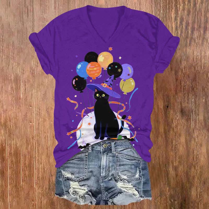 Halloween Wizard Cat With Colorful Balloons Print V-neck T-shirt - Purple - US32-34(5XL) - image 2