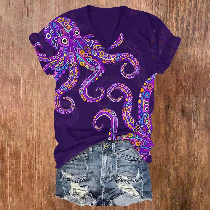Vintage Funny Geometric Pattern Octopus Print V-neck T-shirt - Purple - US32-34(5XL) - image 3