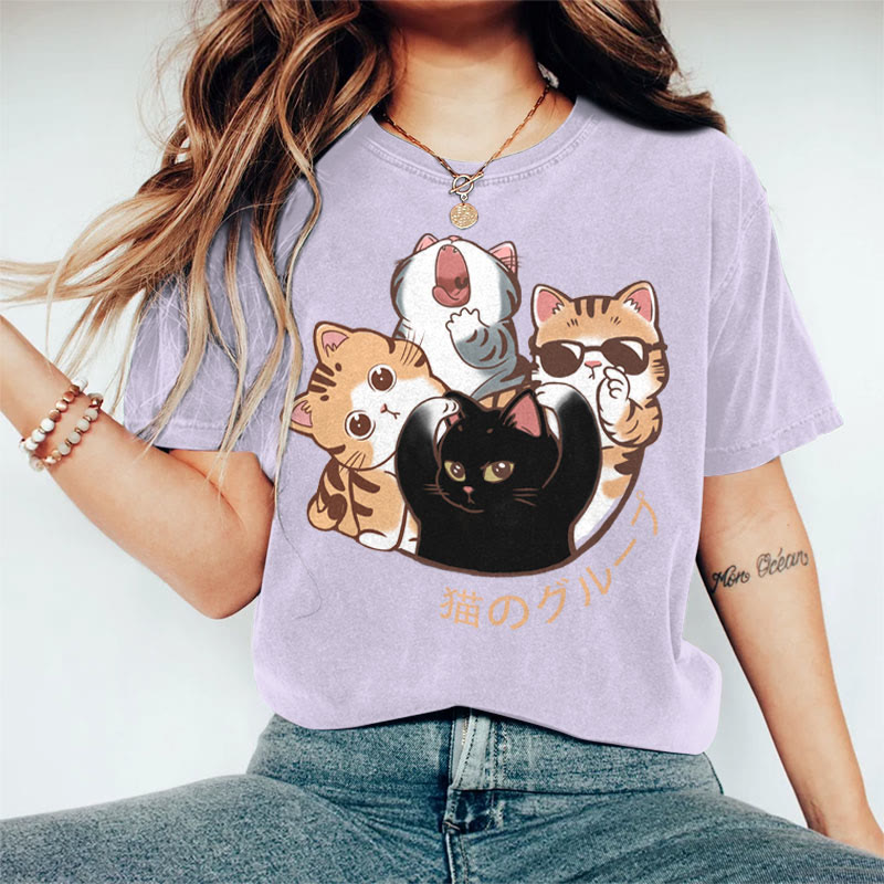 100% Cotton Women's Japanese Lovely Cat Family Art Print Casual T-shirt - Purple - 2XL - image 3