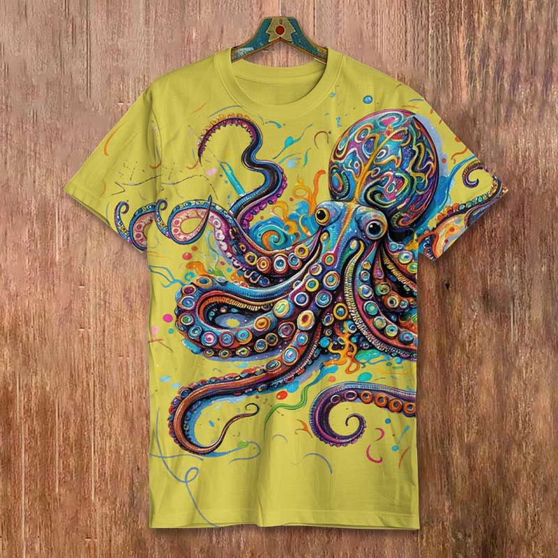 Vintage Rainbow Octopus Art Print Men's Casual T-shirt - Yellow - 8XL - image 4