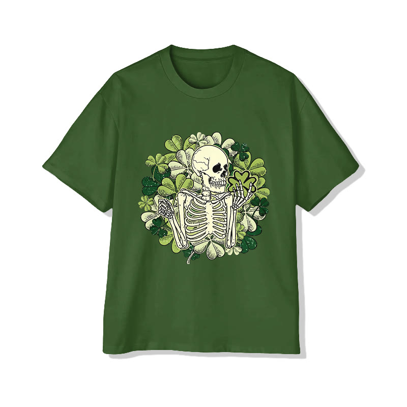 Unisex St. Patrick's Day Skeleton Man Surrounded By Four-leaf Clover Print Short Sleeved Crew Neck T-shirt - Green - 2XL - image 3