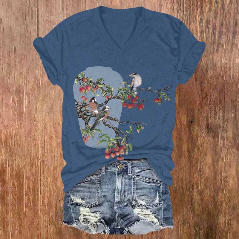 Vintage Birds On Fruit Tree Art Print V-neck T-shirt - Blue - US32-34(5XL) - image 4