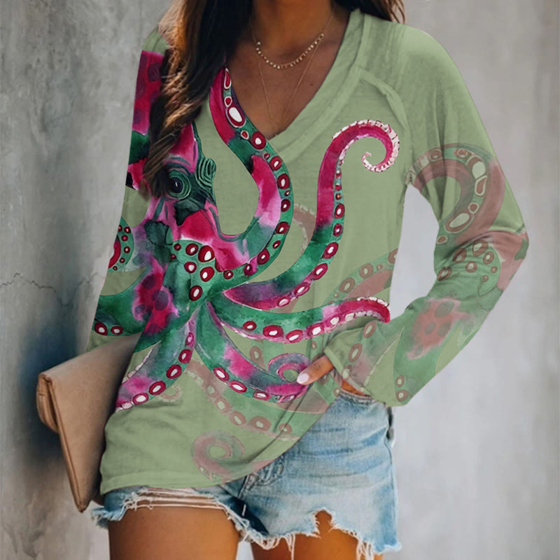 Watercolor Art Octopus Pattern Print V-neck Long Sleeve T-shirt - Light Green - 5XL - image 4