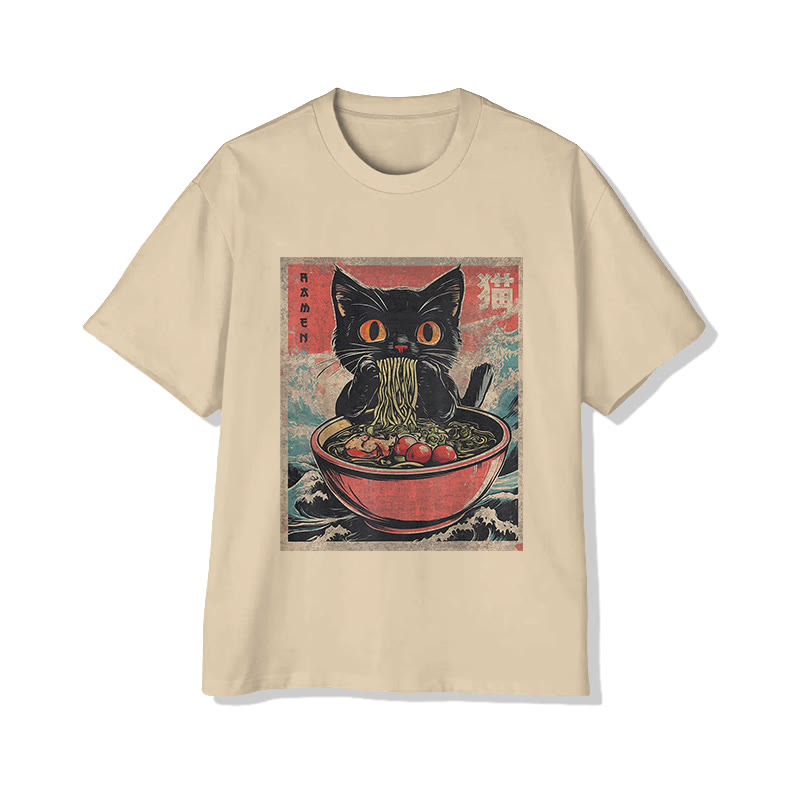 Unisex Japanese  Cat Eating Ramen Noodles  Art Pattern Cotton Print T-shirt - Apricot - US20-22(3XL) - image 3