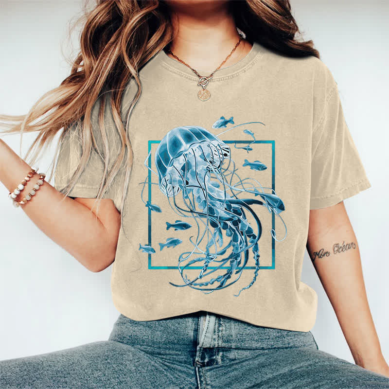 100% Cotton Women's Fantasy Jellyfish Surrounded By Fish Art Print Casual T-shirt - Apricot - 2XL - image 6