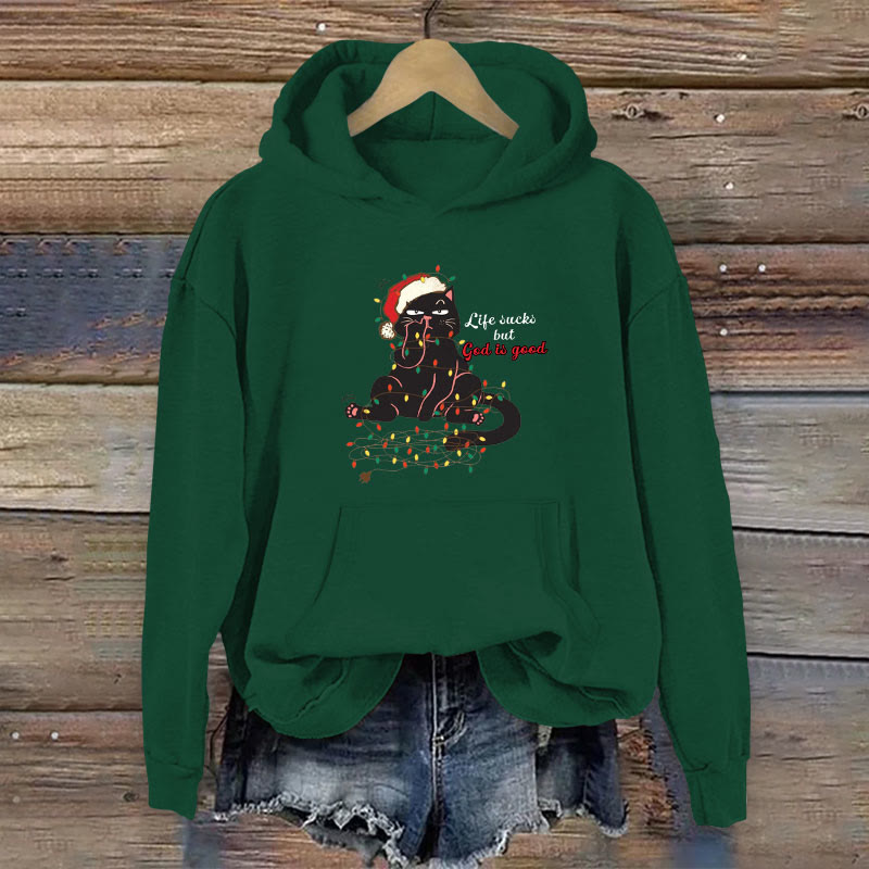 100% Cotton Life Sucks But God Is Good Christian Christmas Print Women's Hoodie - Green - 2XL - image 2