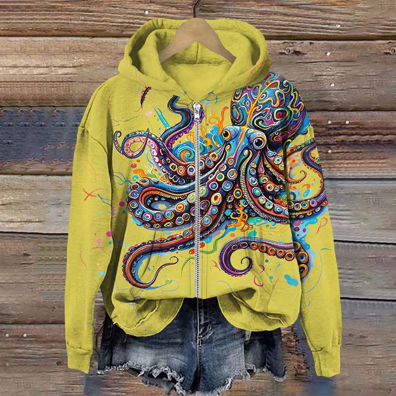Vintage Rainbow Octopus Art Print Long Sleeve Zipper Hoodie - Yellow - US28-30(4XL) - image 4