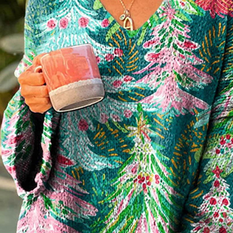 Women's Colorful Christmas Tree Art  Print V-neck Pullover Sweater - image 3