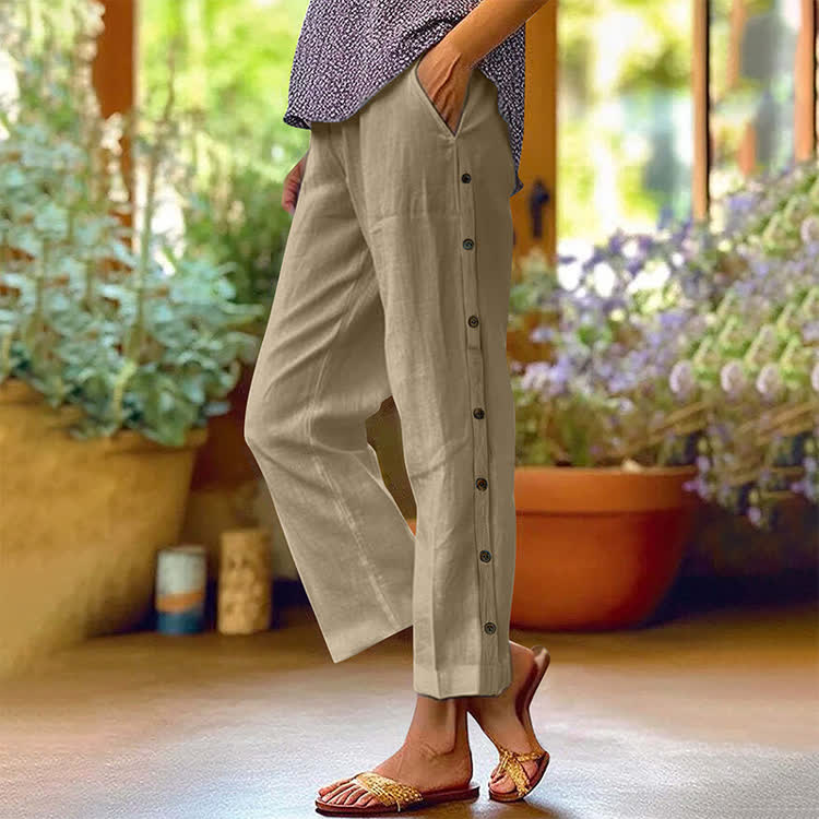 Casual Solid Pocket Pants With Side Buttons - Khaki - 3XL - image 3