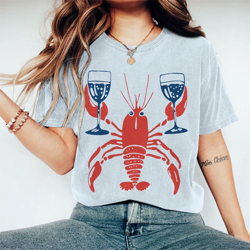 100% Cotton Women's Lobster Holding Wine Glass Art Print Casual T-shirt - Blue - 2XL - image 8