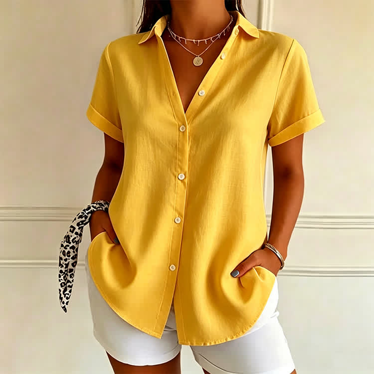 Elegant Solid Button-front Short Sleeve Blouse - Yellow - US 22 (4XL) - image 14