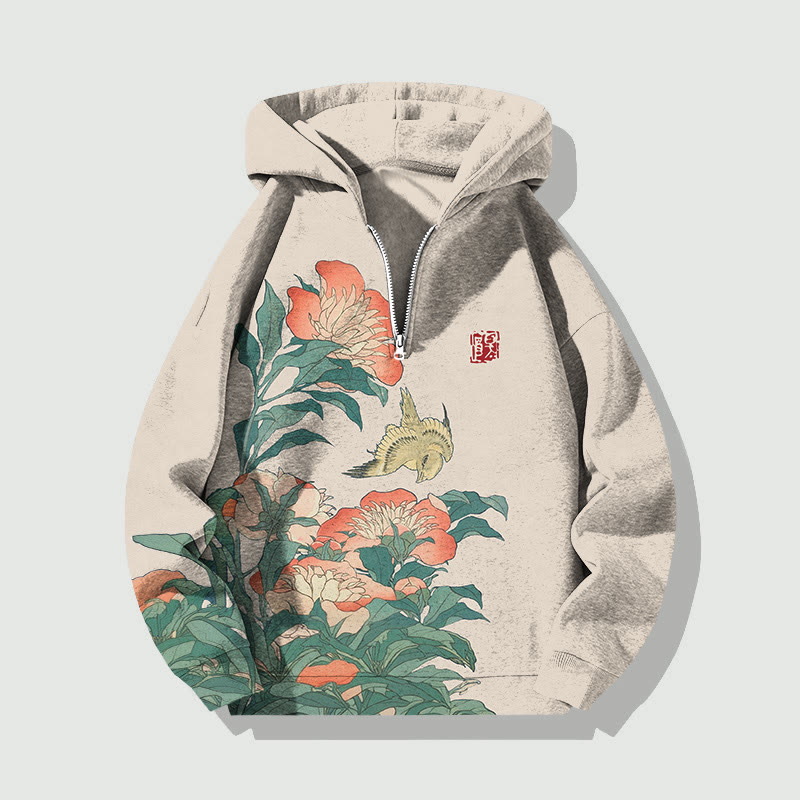 Unisex Japanese Style Flower Half Zip Hoodie - Apricot - US32-34(5XL) - image 4