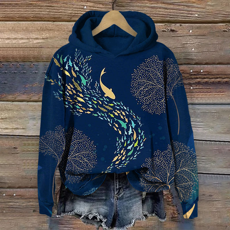 Sea Fish And Leaves Painting Long Sleeve Hoodie - Blue - 8XL - image 1