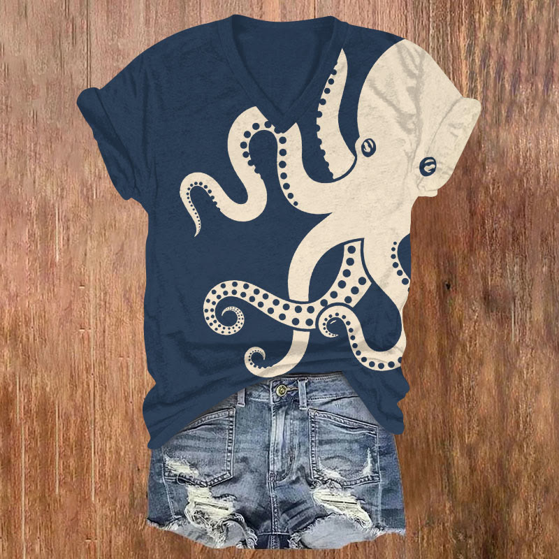 Japanese Funny Abstract Octopus Art Print T-shirt - Blue - US32-34(5XL) - image 2