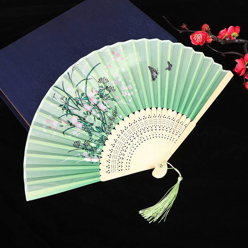 Women Ancient Style Japanese Classic Floral Folding Fan - Green - image 4