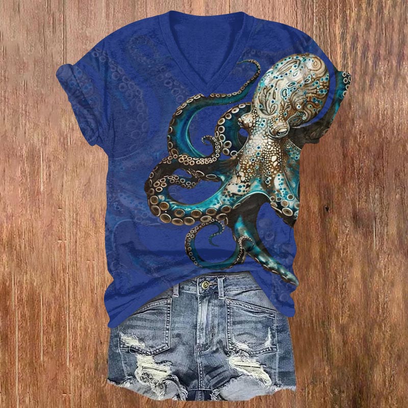 Vintage Mystical Geometric Octopus Print V-neck T-shirt - Dark Blue - US32-34(5XL) - image 3