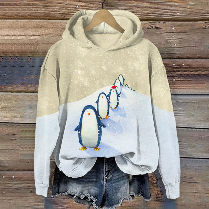 Christmas Adorable Penguins In Line  Print Long Sleeve Hoodie - Apricot - US44-46(8XL) - image 3