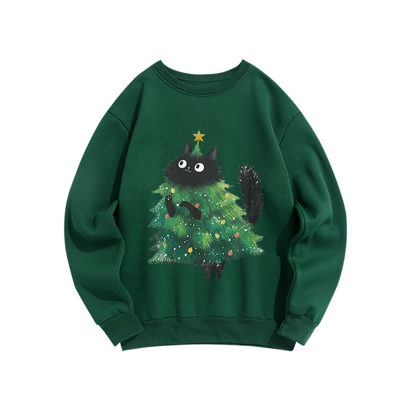 Fun Cat Christmas Tree And Printed Long Sleeved Crewneck Sweatshirt - Green - US16-18(2XL) - image 6