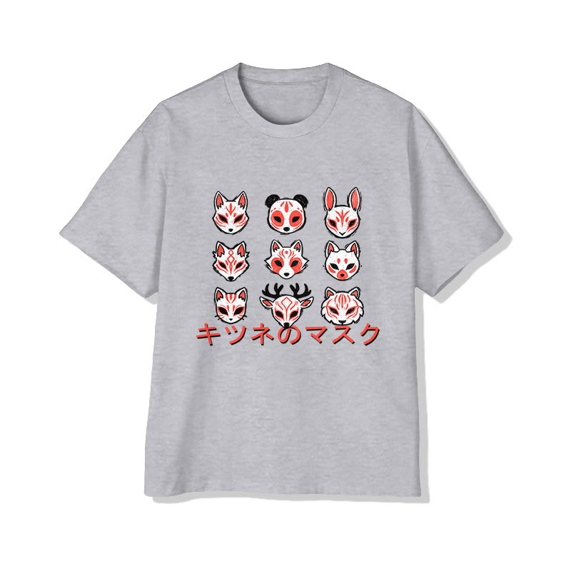 Unisex Japanese Fox Mask Art Pattern Cotton Print T-Shirt - Grey - US20-22(3XL) - image 3