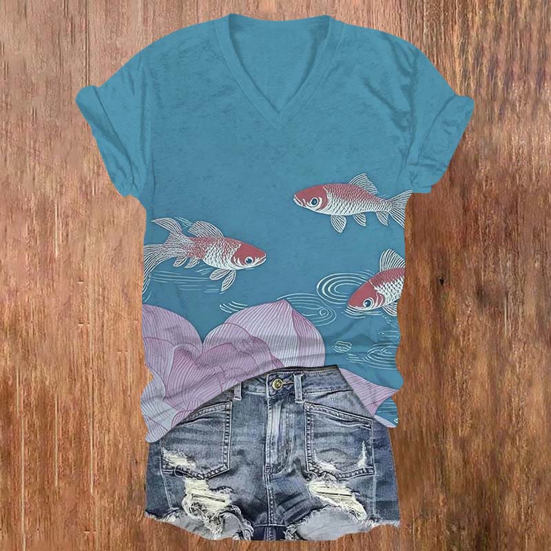 Lotus & Koi Japanese Art Print V-neck T-shirt - Lake Blue - US32-34(5XL) - image 4