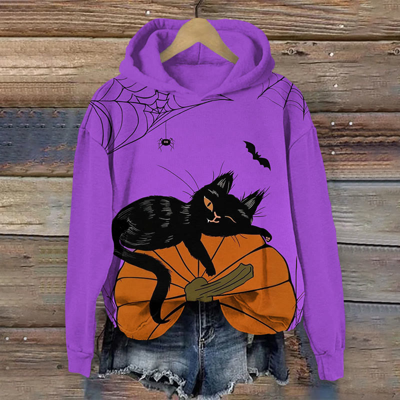 Halloween Pumpkin & Cat Print Long Sleeve Hoodie - Purple - US44-46(8XL) - image 2