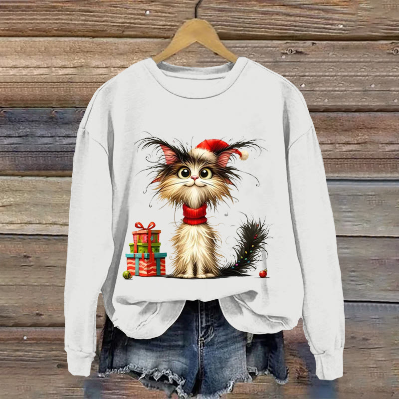 Christmas Cat Pattern Print Long Sleeve Sweatshirt - White - US16-18(2XL) - image 2