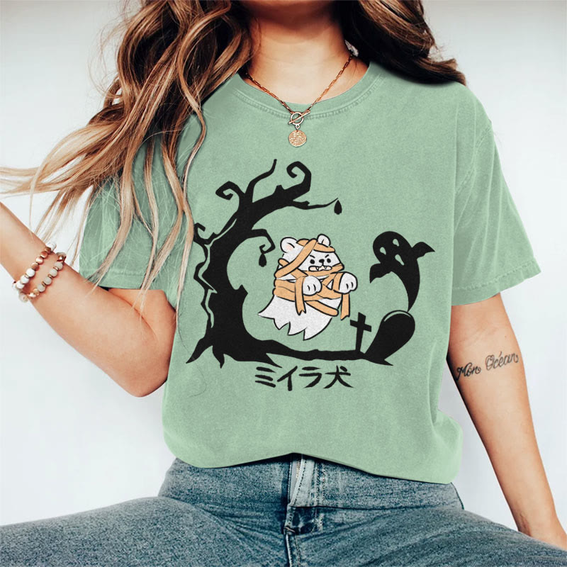 100% Cotton Women's Halloween Tombstone Bandage White Bear Art Print Casual T-shirt - Green - 2XL - image 5