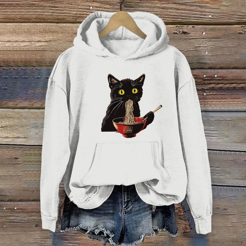 100% Cotton Japanese Cute Black Cat Enjoying Noodles Print Women's Hoodie - White - 2XL - image 2