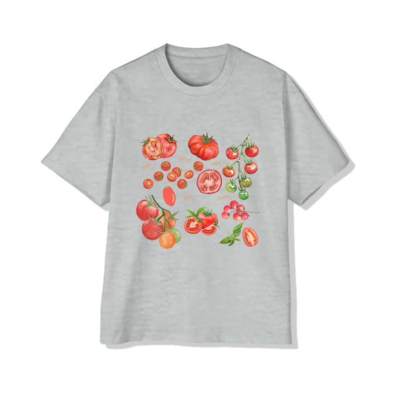 Vintage Tomato Print Pattern Cotton Print T-shirt - Grey - US20-22(3XL) - image 3